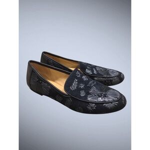 CHICO'S Navy Floral Embroidered Raffia Denim Loafers sz 7M NWT